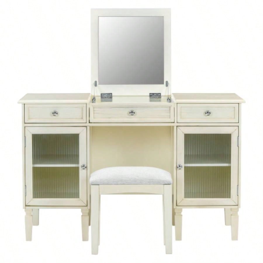 2 - in - 1 Vanity Desk with Flip - Top Mirror, Dressing Table Set with Drawer Cabinet, Multi - Functional Computer Writing Desk Study, Dressing Room, Bedroom, Living Room, White Oak