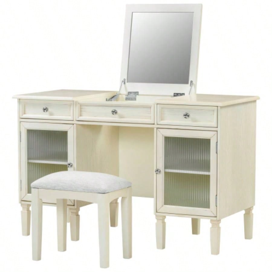 2 - in - 1 Vanity Desk with Flip - Top Mirror, Dressing Table Set with Drawer Cabinet, Multi - Functional Computer Writing Desk Study, Dressing Room, Bedroom, Living Room, White Oak