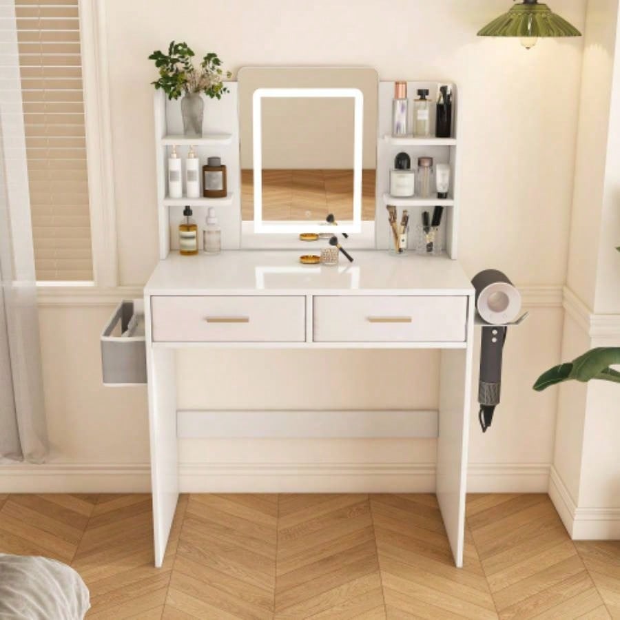 LED Mirror Vanity Dressing Table with Lights Women Girls - 3 - Color Adjustable Light Strips, 2 Large Drawers, Non - Woven Storage Bag, Makeup Desk Bedroom Furniture