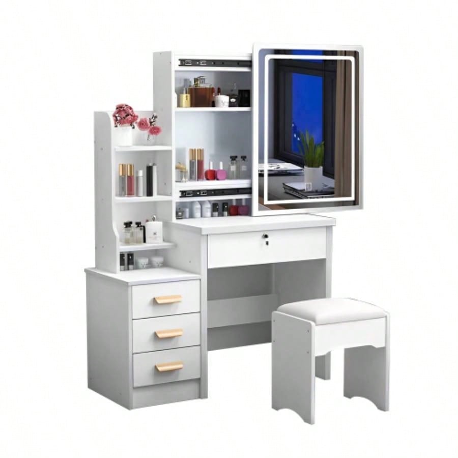 Fashion Vanity Desk with Mirror and Lights Makeup and Chair, Vanity Mirror with Lights and Table Set with 3 Color Lighting Brightness Adjustable, 4 Drawers, White Color