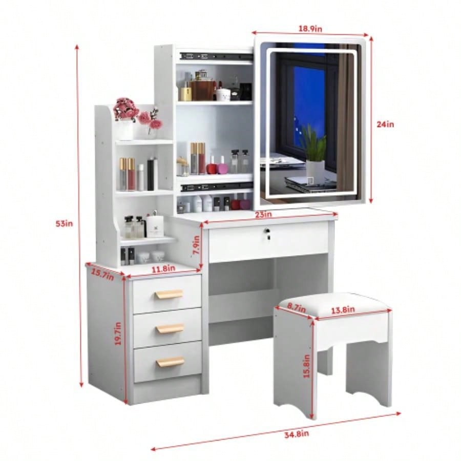 Fashion Vanity Desk with Mirror and Lights Makeup and Chair, Vanity Mirror with Lights and Table Set with 3 Color Lighting Brightness Adjustable, 4 Drawers, White Color