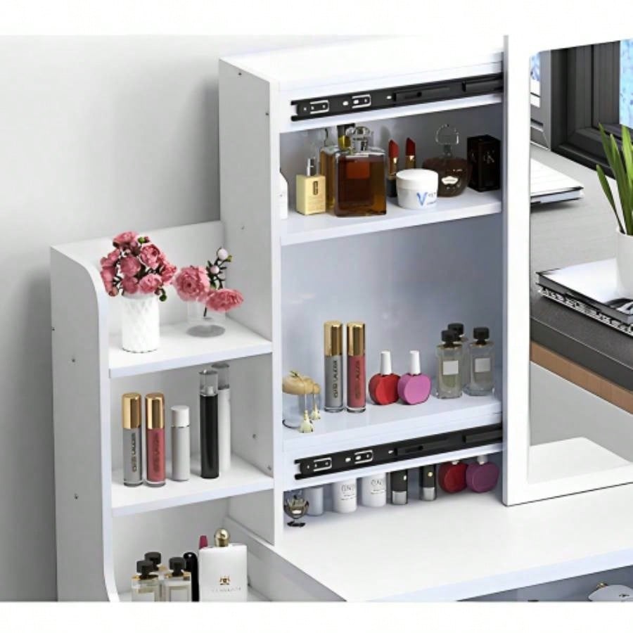 Fashion Vanity Desk with Mirror and Lights Makeup and Chair, Vanity Mirror with Lights and Table Set with 3 Color Lighting Brightness Adjustable, 4 Drawers, White Color