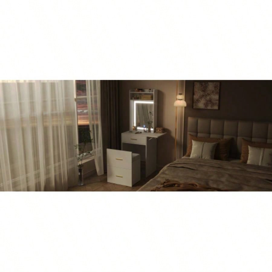 Small Vanity Desk with Mirror and Light, Dressing Table with Charging Station Fold - up Panel Small Space, Compact Makeup Vanity Set with Hidden Stool Bedroom, White