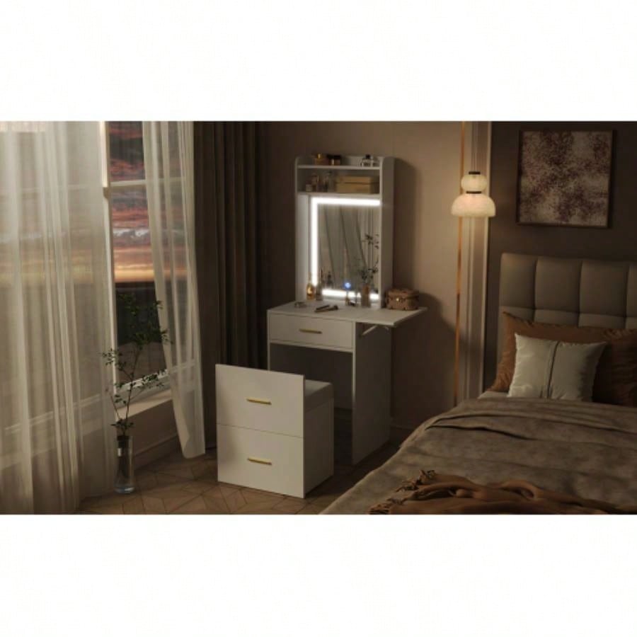 Small Vanity Desk with Mirror and Light, Dressing Table with Charging Station Fold - up Panel Small Space, Compact Makeup Vanity Set with Hidden Stool Bedroom, White
