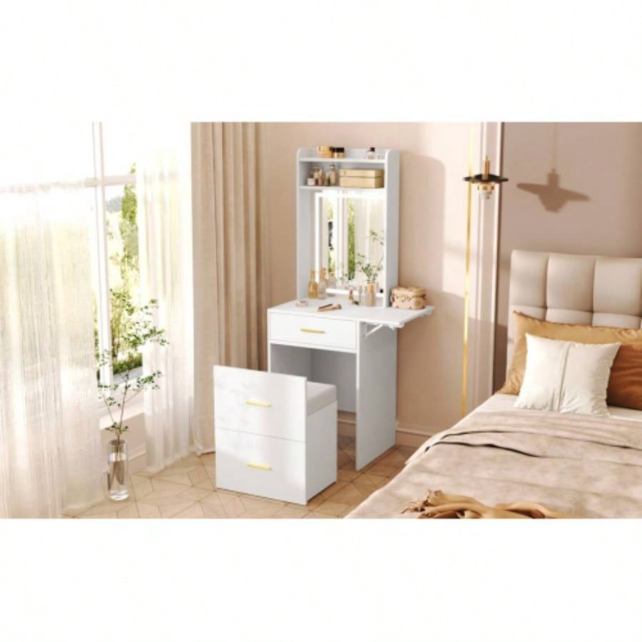Small Vanity Desk with Mirror and Light, Dressing Table with Charging Station Fold - up Panel Small Space, Compact Makeup Vanity Set with Hidden Stool Bedroom, White