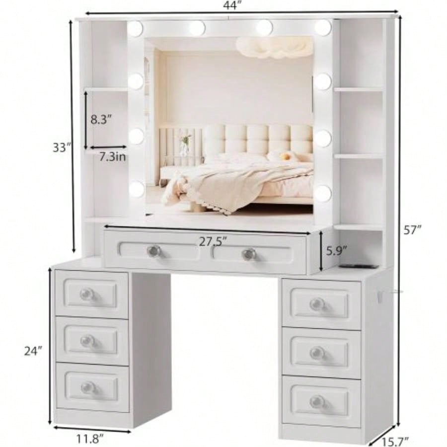 Vanity Desk with with Mirror and Lights, Makeup Vanity Table wwith Lighted Mirror Charging Station, Vanity Desk Dresser