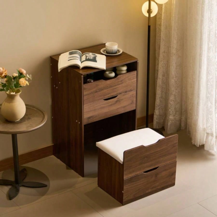 3 in 1 Vanity Desk with Flip Top Mirror, Small Make Up Vanity Set with Visible Glass Desktop, Compact Makeup Vanity with 3 Drawers, Cushioned, Dressing Table Bedroom
