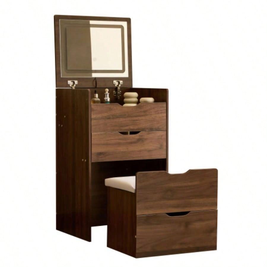 3 in 1 Vanity Desk with Flip Top Mirror, Small Make Up Vanity Set with Visible Glass Desktop, Compact Makeup Vanity with 3 Drawers, Cushioned, Dressing Table Bedroom