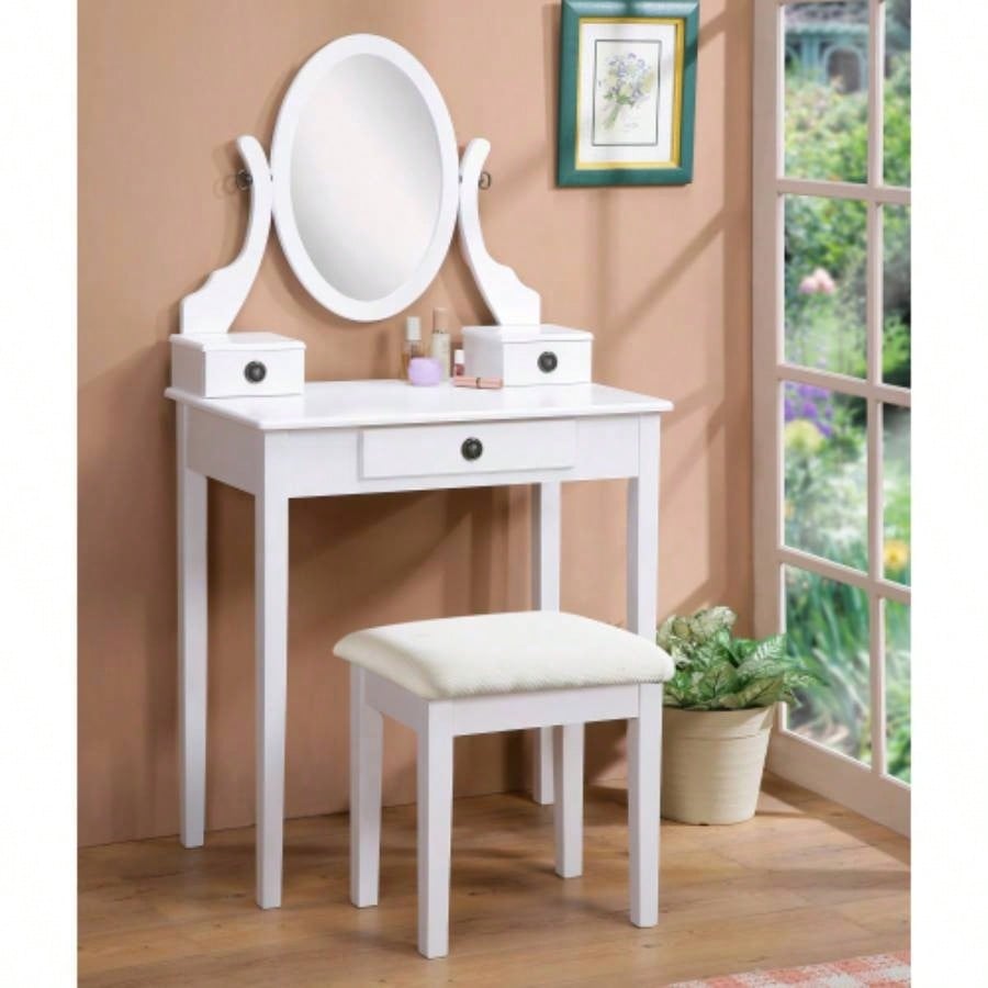 Moniys Wood Moniya Makeup Vanity Table and Stool Set, Pink