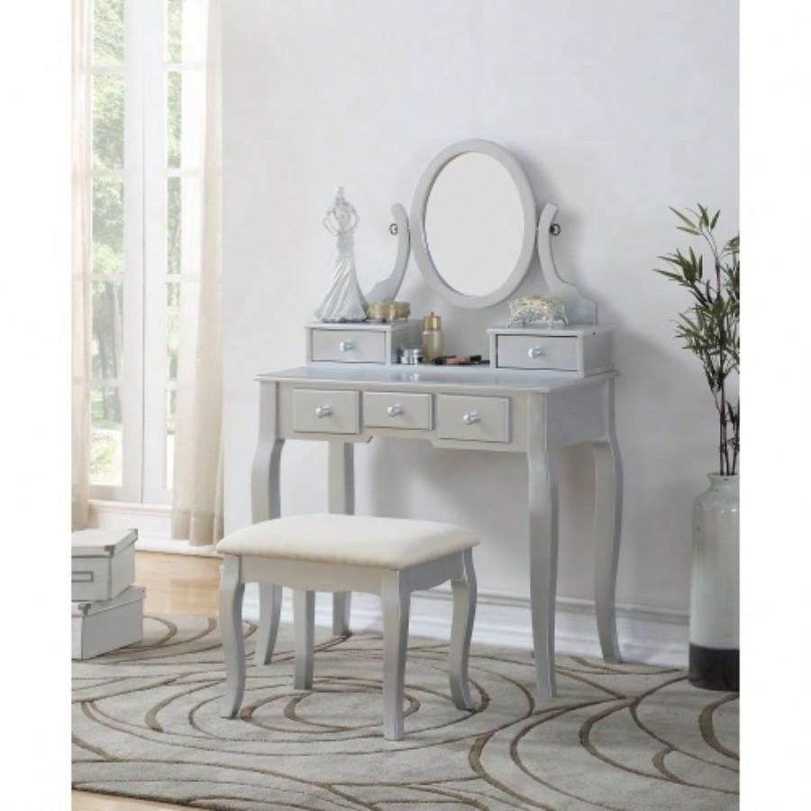 Small White Wood Vanity Table with Stool Set
