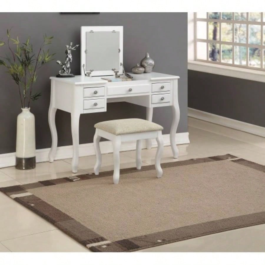 Classic Vanity Set Stool Silver Color Drawers Open - up Mirror Bedroom Furniture Unique Cushion Stool Vanity