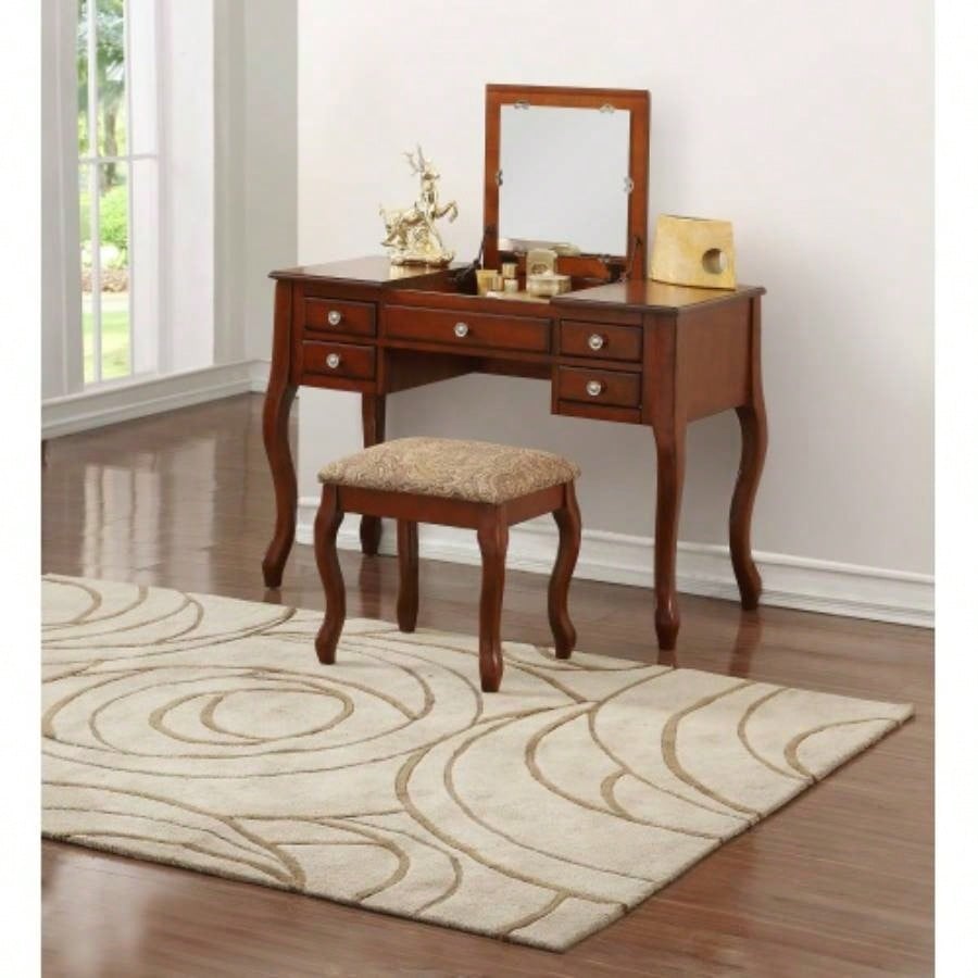 Classic 1pc Vanity Set Stool White Color Drawers Open - up Mirror Bedroom Furniture Unique Cushion Stool Vanity