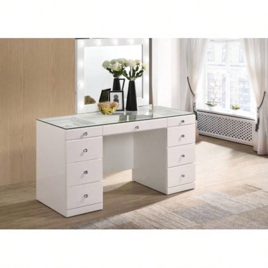 3pc Makeup Vanity Set LED Lighted Mirror Glass Top 9 Drawers Knobs Round Stool Wooden Bedroom Furniture Black