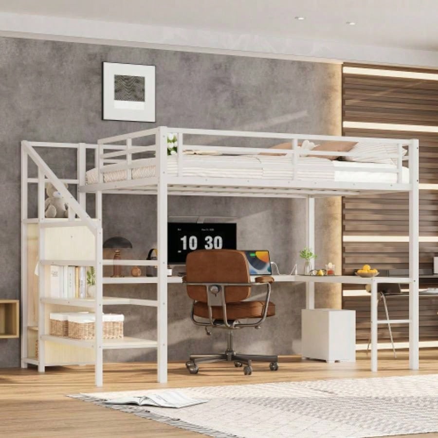 Twin XL Size Loft Bed with L - shaped Desk and USB, Metal Loft Bed with Wardrobe and Adjustable Shelf, High Loft Bed with LED Kids Teens Adults, Black