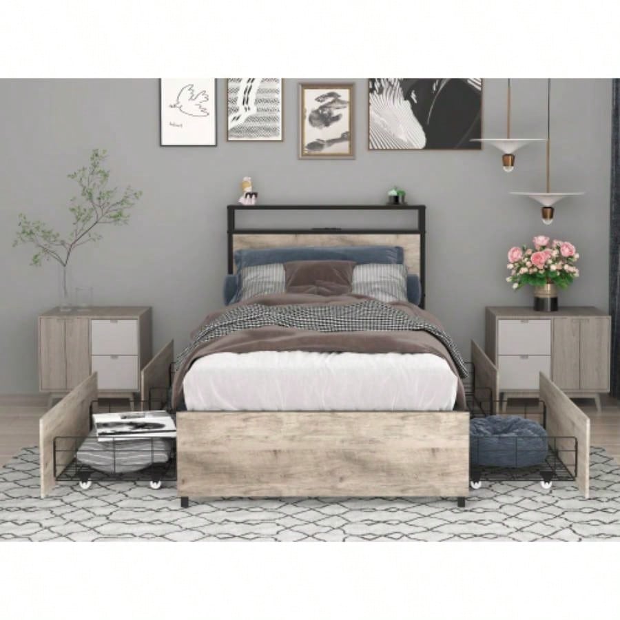 Full Bed Frame, Storage Headboard with Charging Station, Solid and Stable, Noise, No Box Spring Needed, Easy Assembly