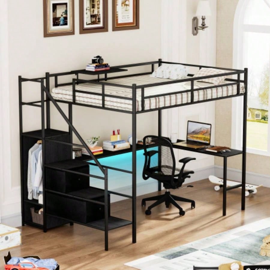 Full Size Metal Loft Bed with L - shaped Desk, LED Lights, Charging Cradle, LED Loft Bed Frame, Full Size Bed with One Cabinet Wardrobe and 2 Fabric Drawers, Safety Rails and Ladder, Black