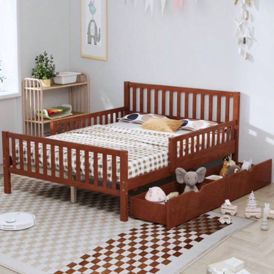 Full Size Wood Platform Bed with Guardrails on Both Sides and Two Storage Drawers, White