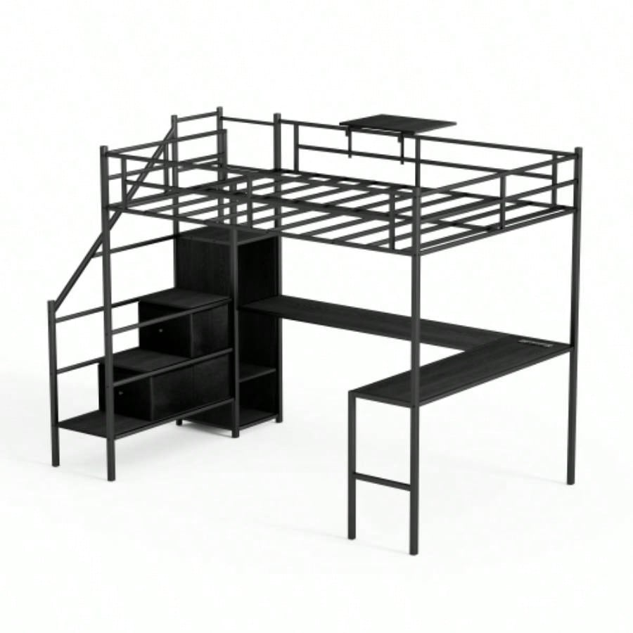 Full Size Metal Loft Bed with L - shaped Desk, LED Lights, Charging Cradle, LED Loft Bed Frame, Full Size Bed with One Cabinet Wardrobe and 2 Fabric Drawers, Safety Rails and Ladder, Black