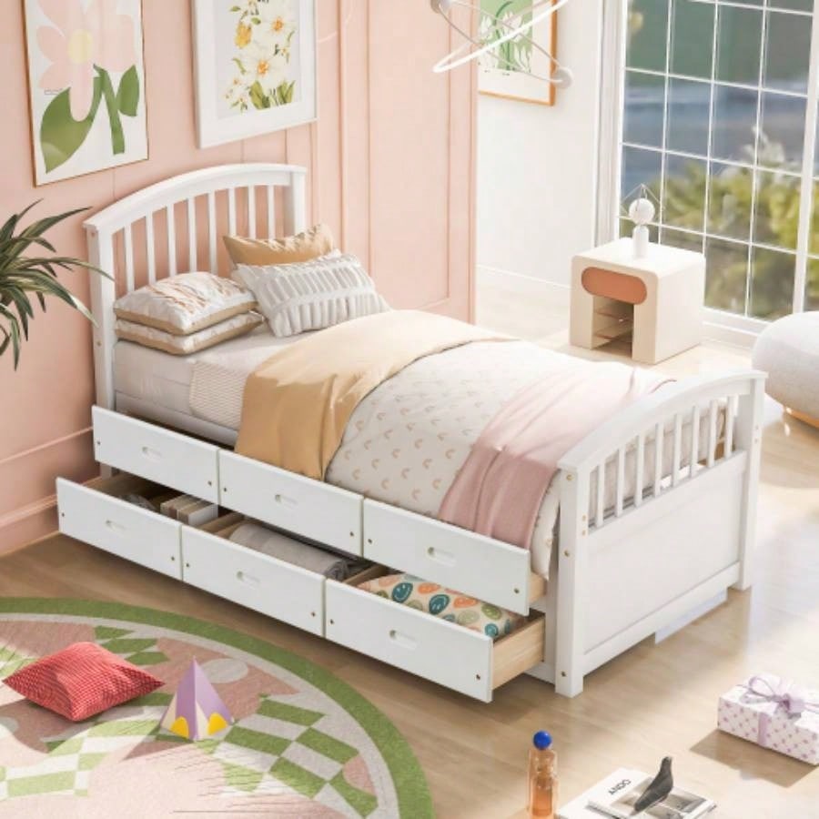 Solid Wood Twin Storage Bed with 6 Drawers for Bedroom Storage