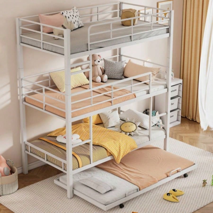 Black Metal Twin Size Triple Bunk Bed With Trundle