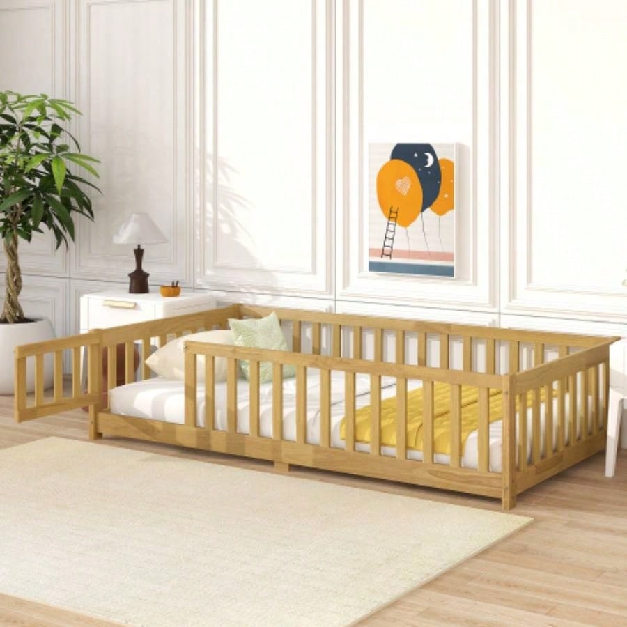 Twin Size Floor Bed with Fence and Door, Rubber Wood Floor Bed with Safety Guardrails, Natural