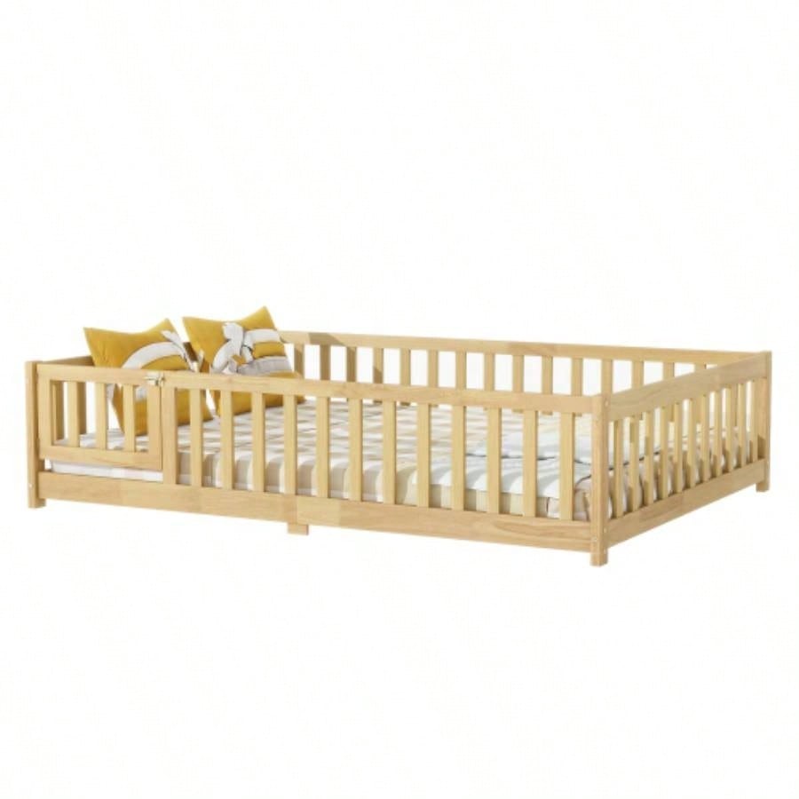 Twin Size Floor Bed with Fence and Door, Rubber Wood Floor Bed with Safety Guardrails, Natural