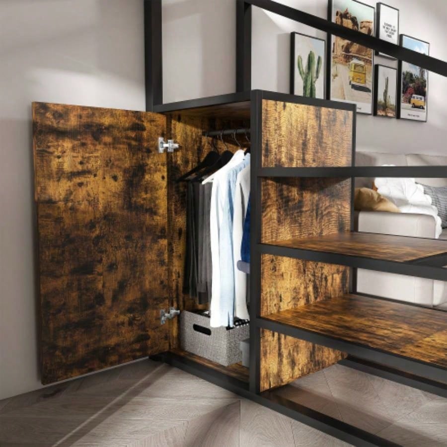 Full - Size Loft Bed/Desk Wardrobe - Heavy Metal Frame, Built - In Staircase, Storage Rack Shelves - Gaming Bed Adults/Teens Black - Computer Desk/USB Outlet Black