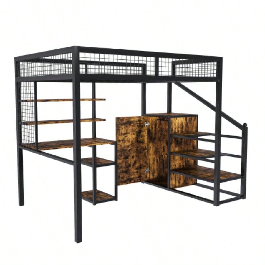 Full - Size Loft Bed/Desk Wardrobe - Heavy Metal Frame, Built - In Staircase, Storage Rack Shelves - Gaming Bed Adults/Teens Black - Computer Desk/USB Outlet Black