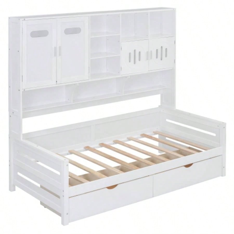 Twin Size Wooden Daybed With 2 Drawers, and All - in - One Cabinet and Shelf, White