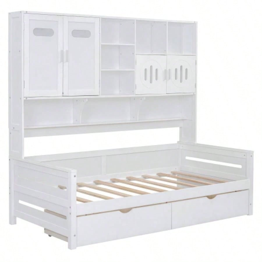 Twin Size Wooden Daybed With 2 Drawers, and All - in - One Cabinet and Shelf, White