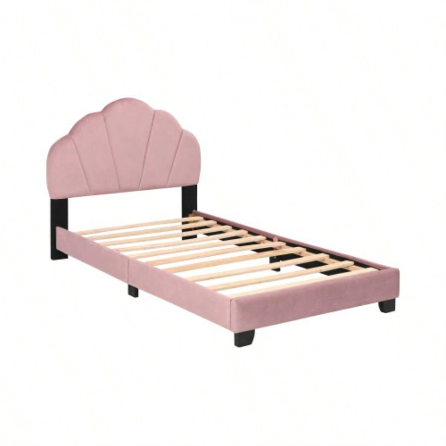 Upholstered Twin Size Platform Bed Kids, Wooden Bed Frame with Slatted Bed Base, No Box Spring Needed, Cute Bed Frame with Design Headboard Girls Boys Teens, Pink