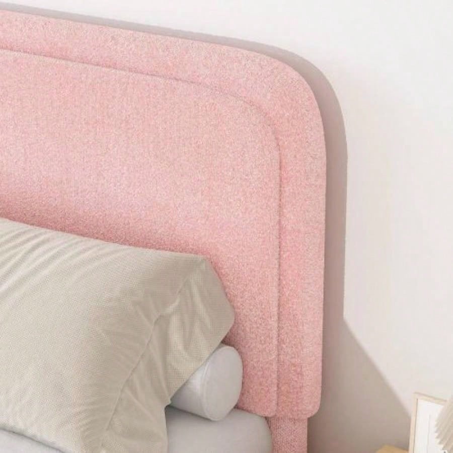 Twin Size Bed Frame, Boucle Upholstered Platform Bed Frame with Headboard, Modern Style, Soft Rounded Corners, No Box Spring Required, Easy Assembly, pink