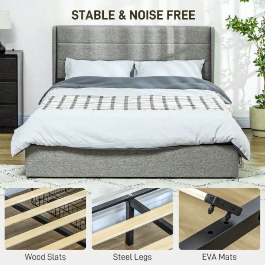HOMCOM Bed Frame with Headboard, Upholstered Platform Bed Frame with Storage Drawers, Wood Slats, Noise - and Easy Assembly, No Box Spring Needed, Light Gray