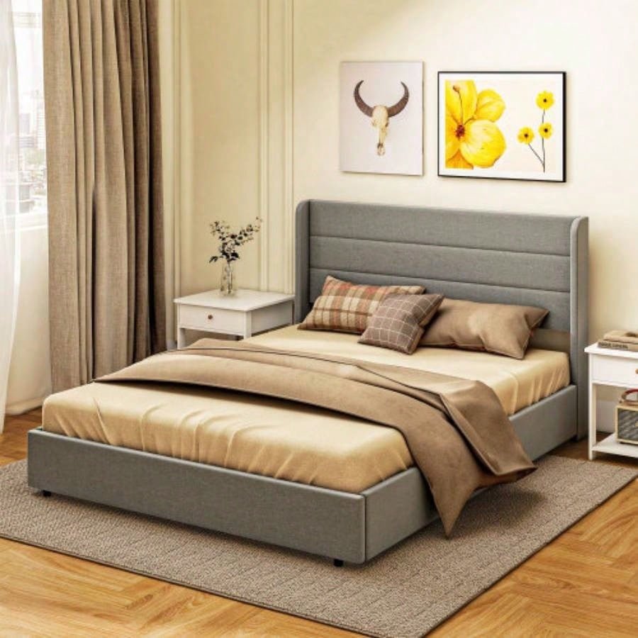 HOMCOM Bed Frame with Headboard, Upholstered Platform Bed Frame with Storage Drawers, Wood Slats, Noise - and Easy Assembly, No Box Spring Needed, Light Gray