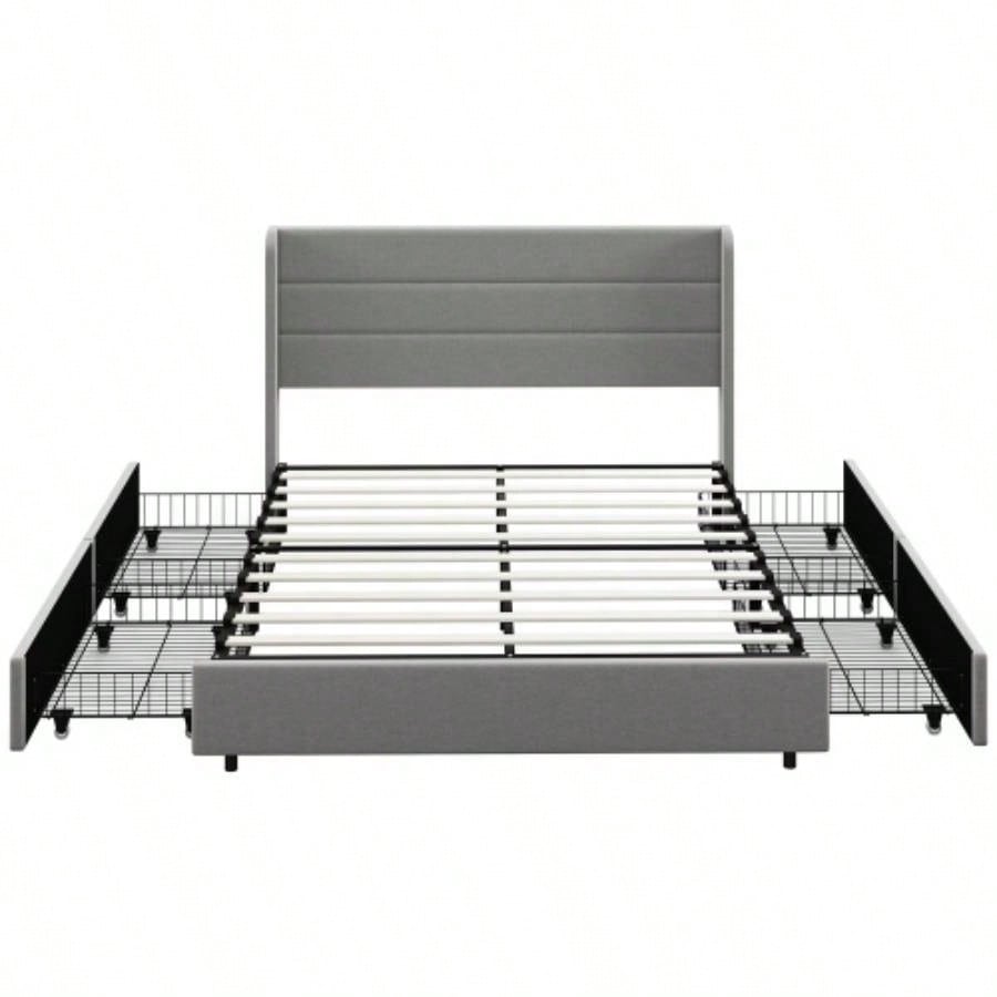HOMCOM Bed Frame with Headboard, Upholstered Platform Bed Frame with Storage Drawers, Wood Slats, Noise - and Easy Assembly, No Box Spring Needed, Light Gray