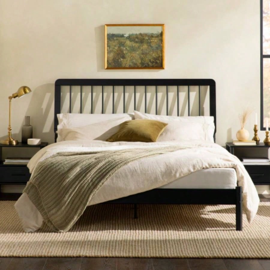 Mid - Modern Solid Wood Spindle Bed - Black