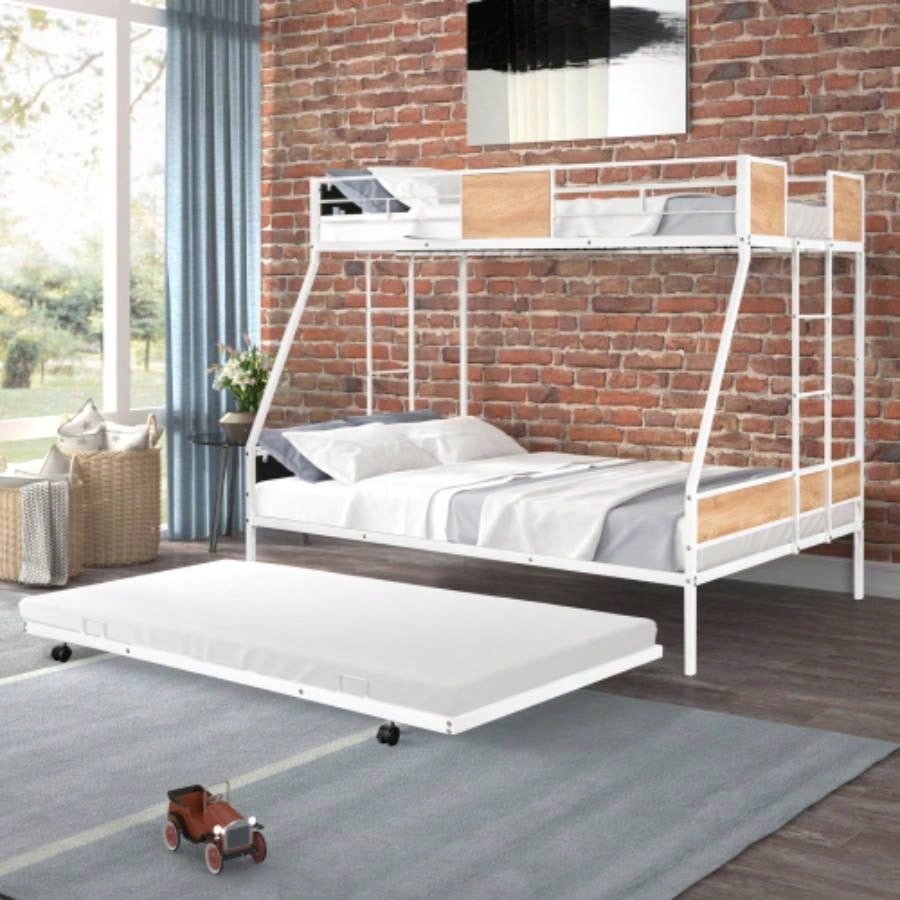 Metal Twin over Full Bunk Bed with Trundle/ Heavy - duty Sturdy Metal/ Noise Reduced/ Safety Guardrail/ Wooden Decoration/ Convenient Trundle/ Bunk Bed Three/ CPC Certified/ No Box Spring Needed