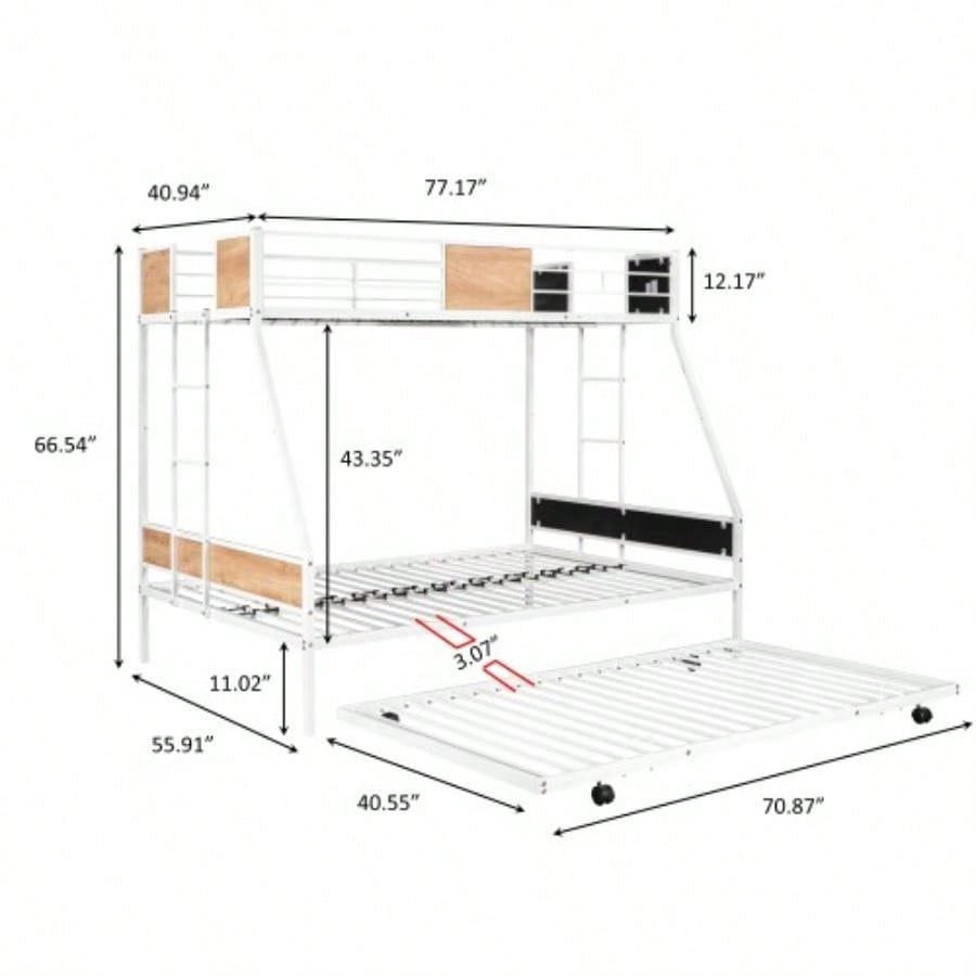 Metal Twin over Full Bunk Bed with Trundle/ Heavy - duty Sturdy Metal/ Noise Reduced/ Safety Guardrail/ Wooden Decoration/ Convenient Trundle/ Bunk Bed Three/ CPC Certified/ No Box Spring Needed