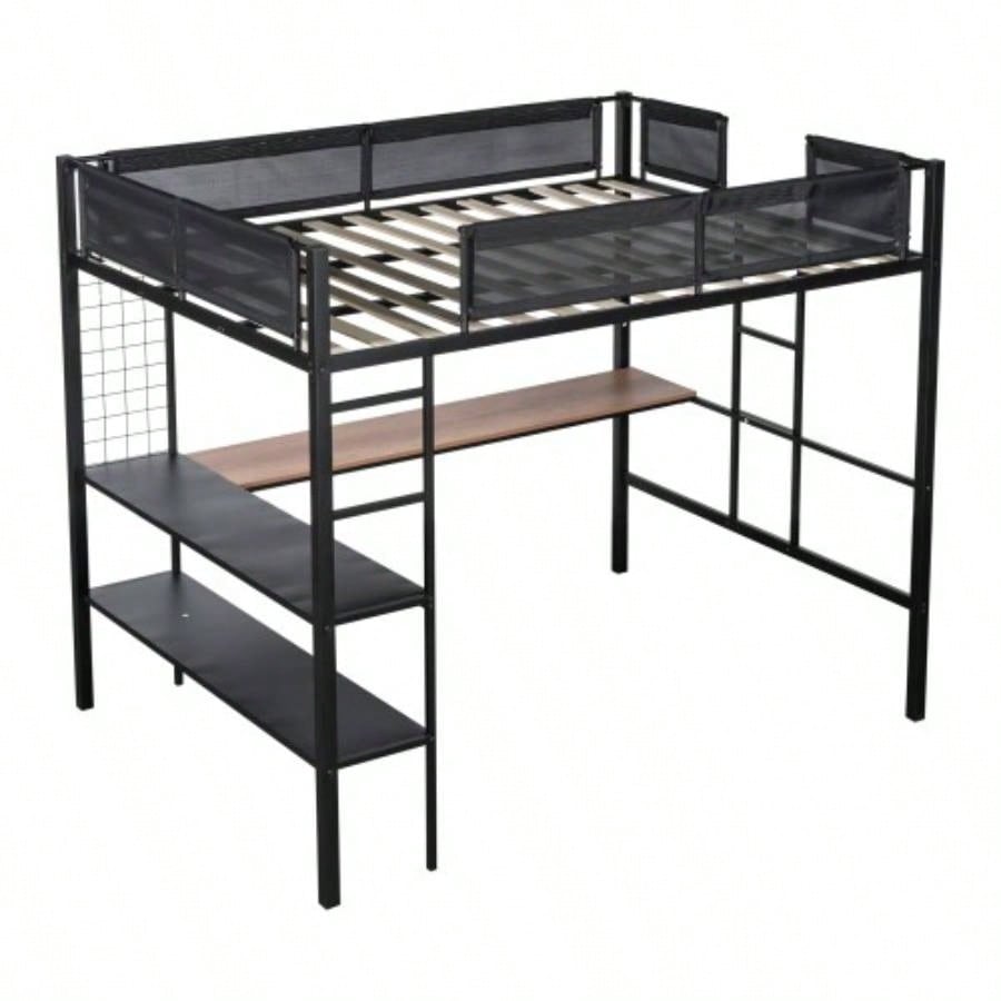 Metal Full Size Loft Bed with Desk Shelves/ Sturdy Metal Bed Frame/ Noise - Wood Slats/ Comfortable Guardrail/ Built - in Desk, 2 - tier Shelves Grid Panel/ 2 Side Ladders