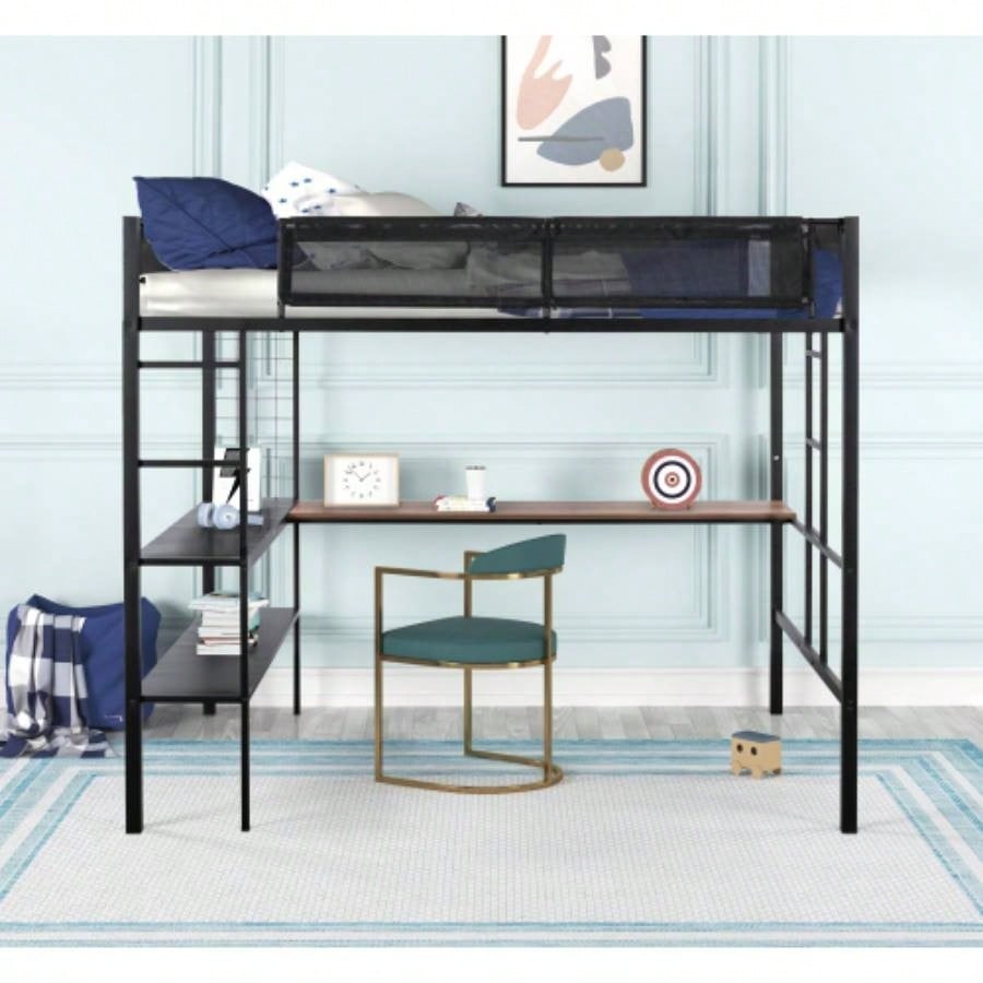 Metal Full Size Loft Bed with Desk Shelves/ Sturdy Metal Bed Frame/ Noise - Wood Slats/ Comfortable Guardrail/ Built - in Desk, 2 - tier Shelves Grid Panel/ 2 Side Ladders