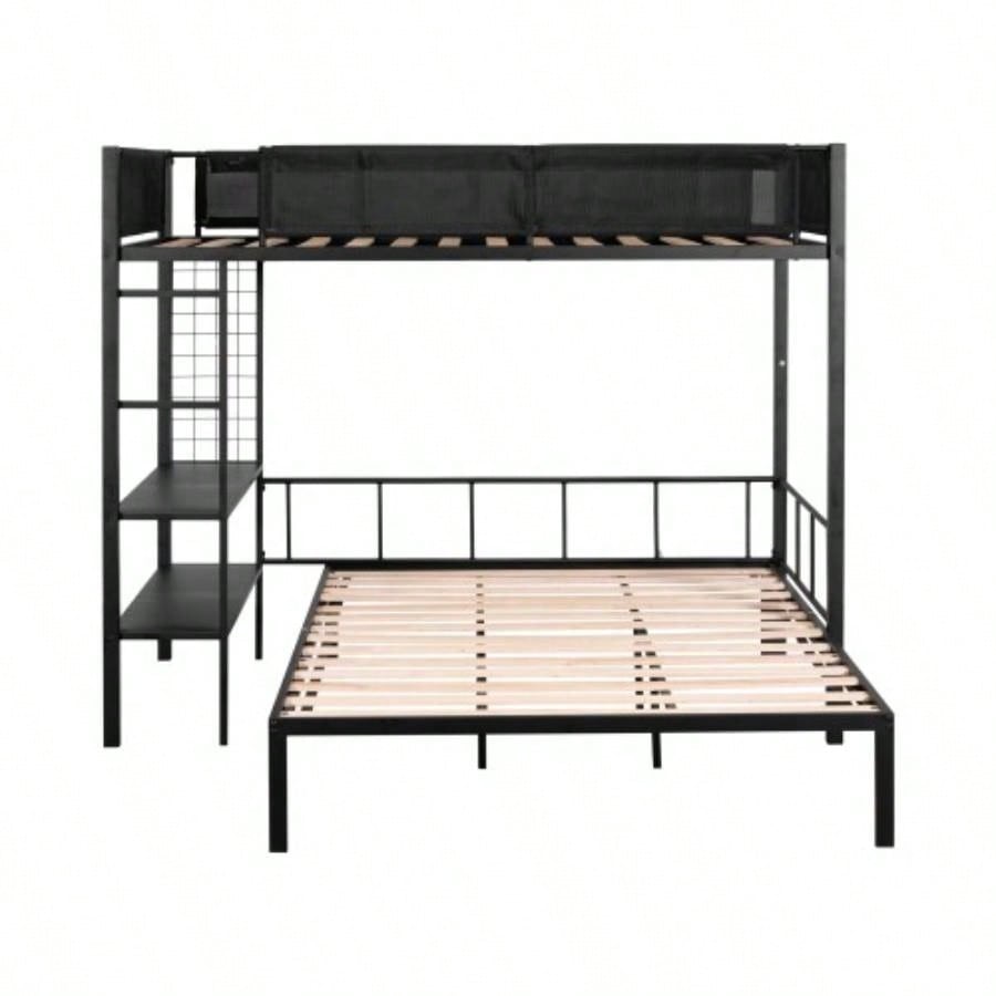 Metal Twin over Full Bunk with Shelves Grid Panel/ Sturdy Metal Bed Frame/ Noise - Wood Slats/ Comfortable Guardrail/ Built - in 2 - tier Shelves Grid Panel/ Separated Full size Bed