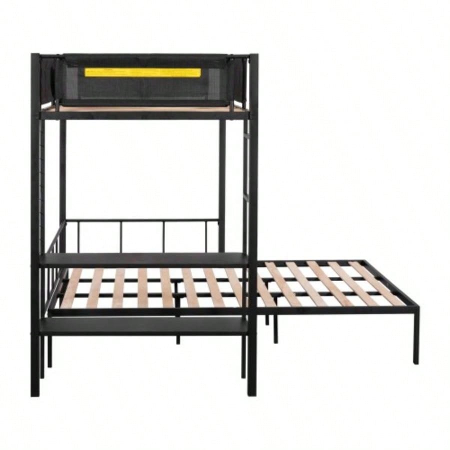 Metal Twin over Full Bunk with Shelves Grid Panel/ Sturdy Metal Bed Frame/ Noise - Wood Slats/ Comfortable Guardrail/ Built - in 2 - tier Shelves Grid Panel/ Separated Full size Bed
