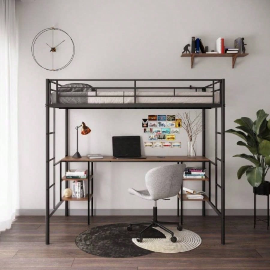 Twin - size Loft Bed with Table Shelves/ Heavy - duty Sturdy Metal/ Built - in Table Shelves/ Noise Reduced/ Safety Guardrail/ 2 Side Ladders/ CPC Certified/ No Box Spring Needed