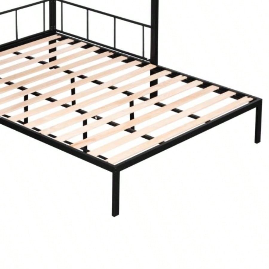 Metal Twin over Full Bunk with Shelves Grid Panel/ Sturdy Metal Bed Frame/ Noise - Wood Slats/ Comfortable Guardrail/ Built - in 2 - tier Shelves Grid Panel/ Separated Full size Bed