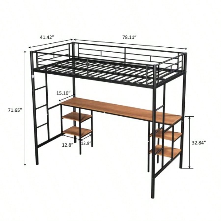 Twin - size Loft Bed with Table Shelves/ Heavy - duty Sturdy Metal/ Built - in Table Shelves/ Noise Reduced/ Safety Guardrail/ 2 Side Ladders/ CPC Certified/ No Box Spring Needed