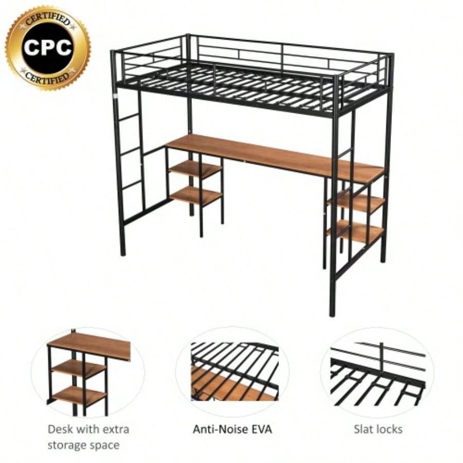 Twin - size Loft Bed with Table Shelves/ Heavy - duty Sturdy Metal/ Built - in Table Shelves/ Noise Reduced/ Safety Guardrail/ 2 Side Ladders/ CPC Certified/ No Box Spring Needed