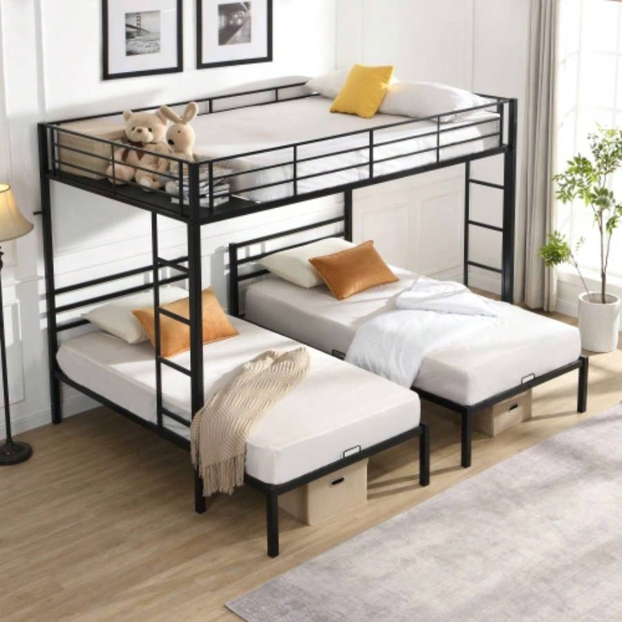 Twin Over Twin Metal Bunk Bed with trundle Black