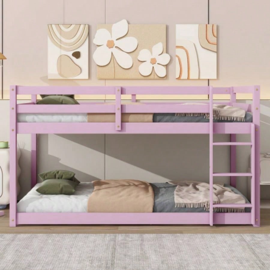 Solid Wooden, Solid Rubber Wooden Twin over Twin Floor Bunk Bed with Ladder, Upper and Bottom Bed Platforms crafted with Strengthened Slats, Natural