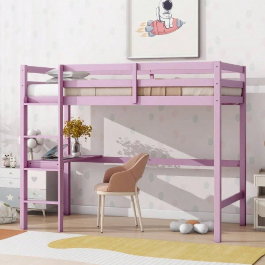 Twin High Loft Bed, Rubber Wood Loft Bed with Safety Guardrail, built - in desk, ladder, White