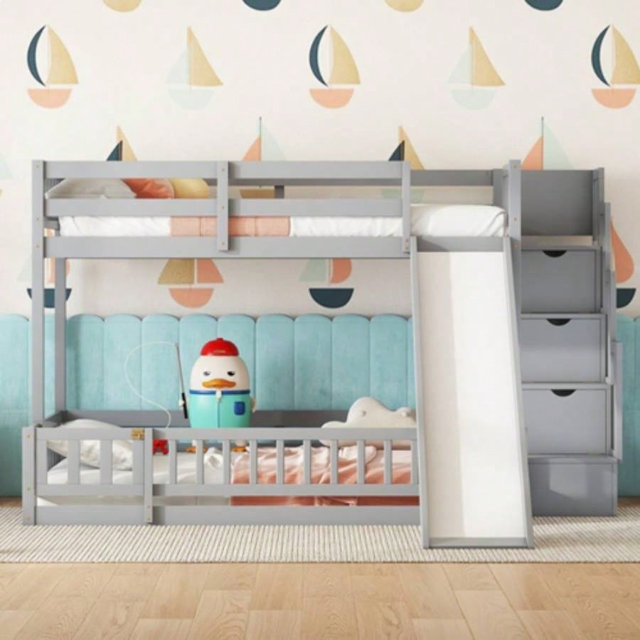 Twin Over Full Bunk Bed with Slide, Storage Staircase, Pine Solid Wooden Bunk Bed with Safety Guardrails, White